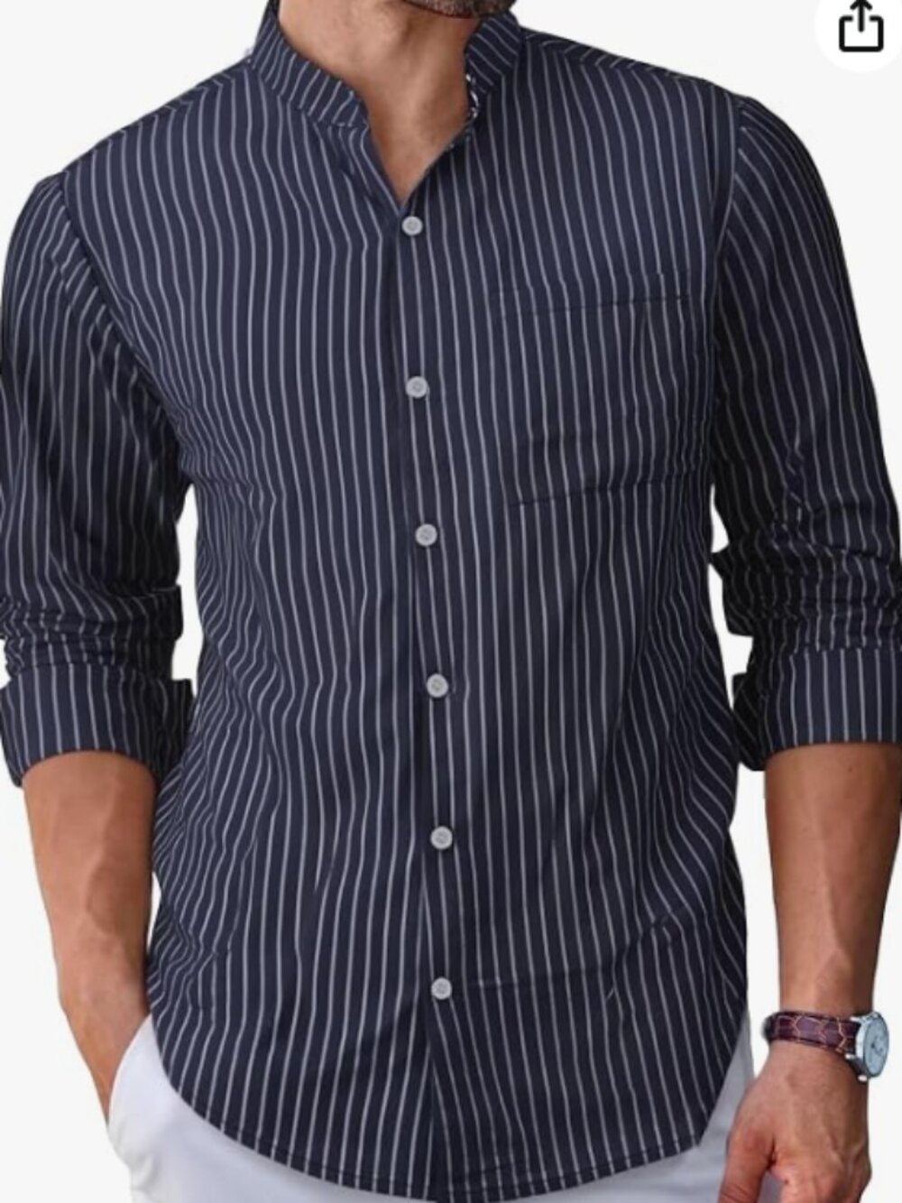 BAYAMO Men's Banded Collar Stripe Shirt, Linen Cotton Mandarin Collar